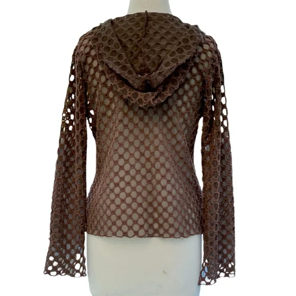 Vine Street Y2K Brown Textured Honeycomb Semi-Sheer Mesh Zip Front Hoodie Medium - Picture 3 of 9